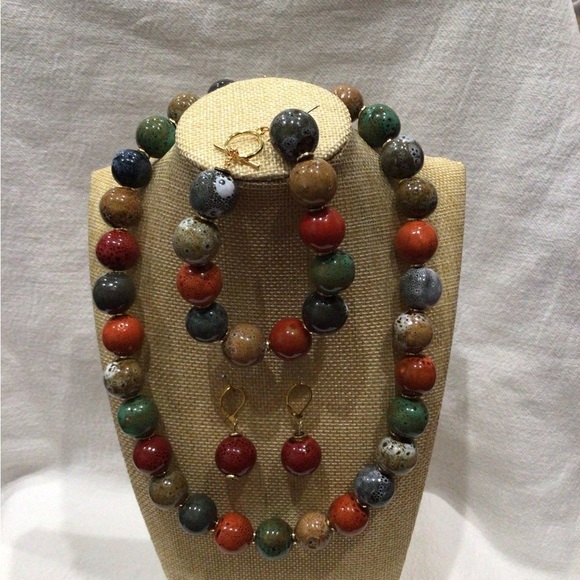 Handmade Jewelry - Tribal Earth Toned Colorful Beaded Necklace, Bracelet, and Earring Set